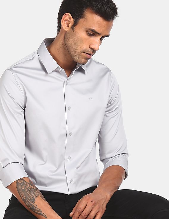Buy Calvin Klein Men Grey Spread Collar Stretch Satin Casual Shirt