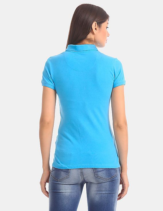 Aeropostale Women Blue Solid Cotton Stretch Pique Polo Shirt