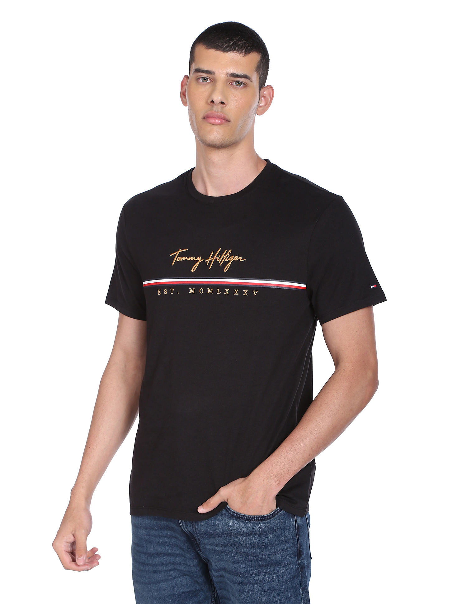 Buy Tommy Hilfiger Men Black York Logo Embroidered Cotton T
