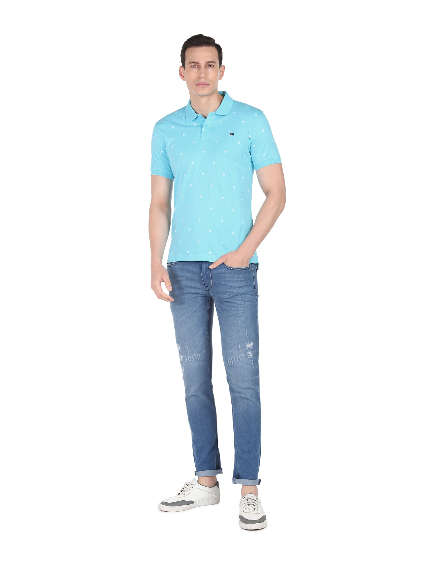 AD by Arvind Geometric Print Cotton Polo Shirt