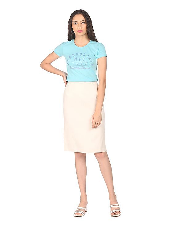 Aeropostale Women Aqua Cotton Brand Print T-Shirt