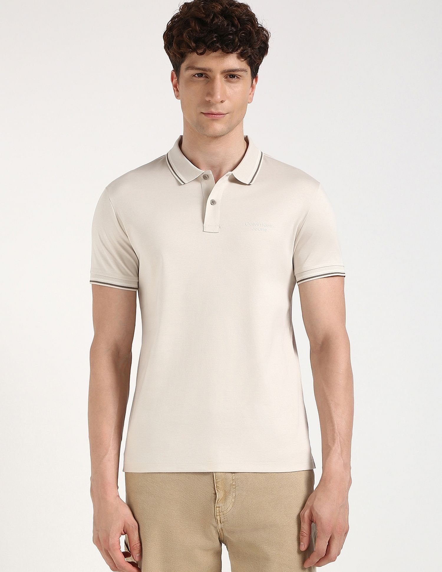 Calvin Klein Jeans Solid Regular-Fit Cotton Polo T-Shirt