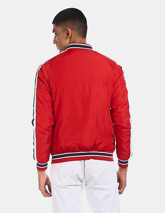 Buy Flying Machine Men Red Stand Collar Contrast Striped Bomber
