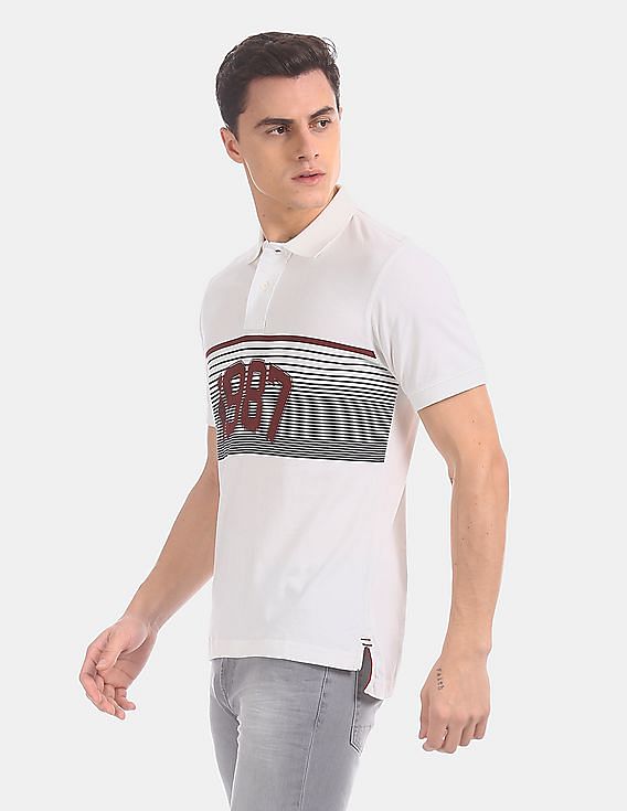 Aeropostale Men White Striped Chest Pique Polo Shirt