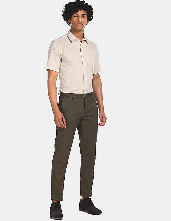 USPA Tailored Men Beige Short Sleeve Solid Formal Shirt