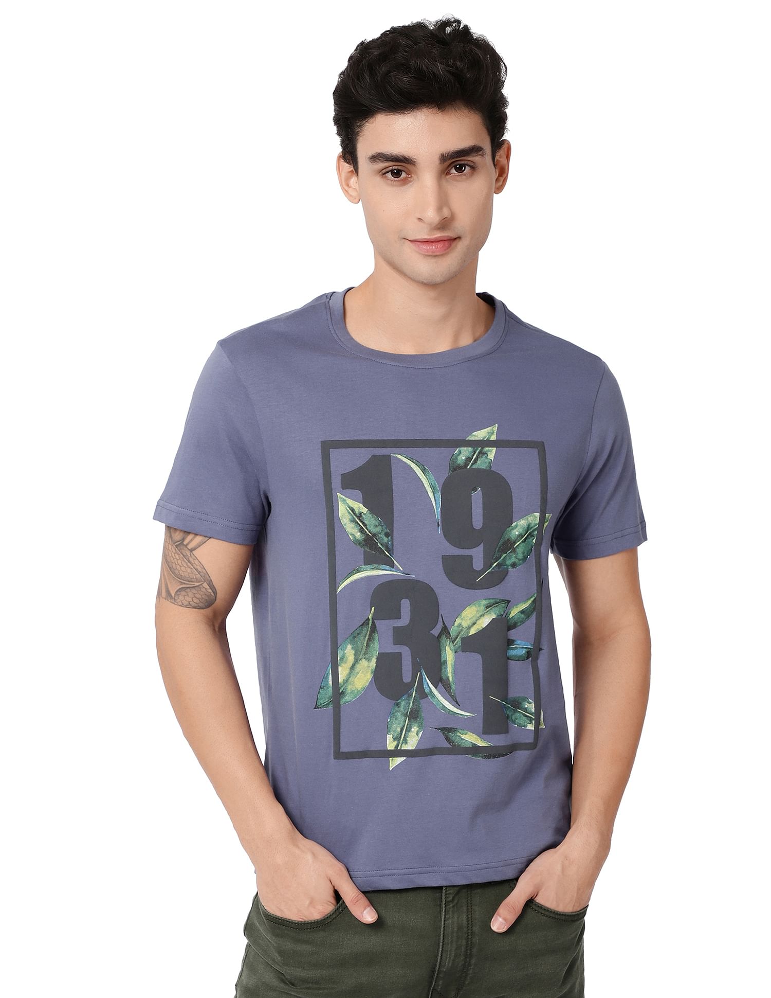 AD by Arvind Crew Neck Graphic Print Cotton T-Shirt