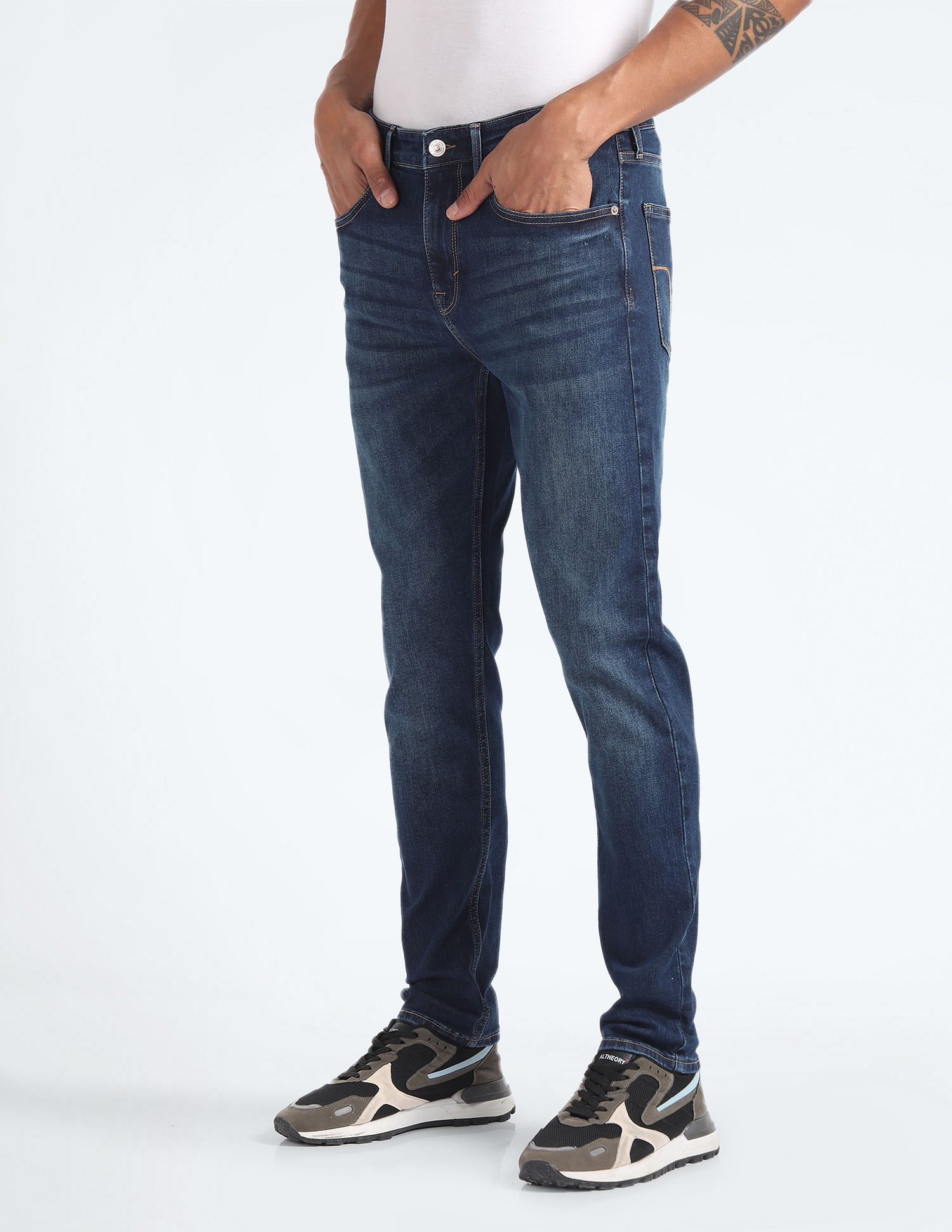 Flying Machine Mid Rise Slash Slim Tapered Jeans