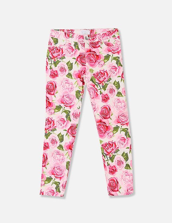 Girls White Rose Print Jeggings - NNNOW 