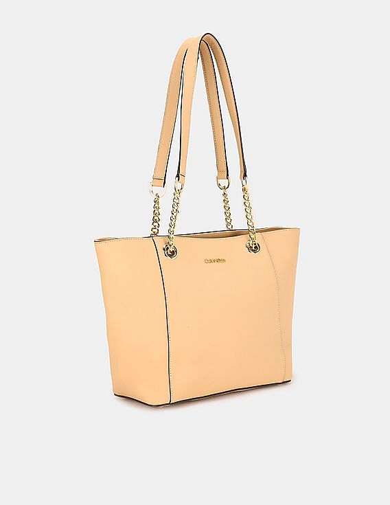 Buy Calvin Klein Women Off White And Brown Metallic Chain Trim Strap  Allover Monogram Tote Bag - NNNOW.com