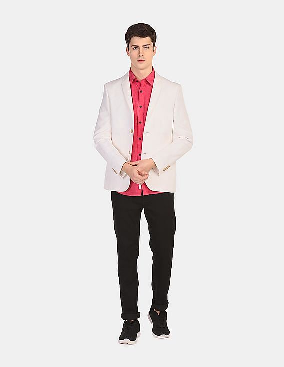 U.S. Polo Assn. Men Off White Single Breasted Patterned Weave Casual Blazer