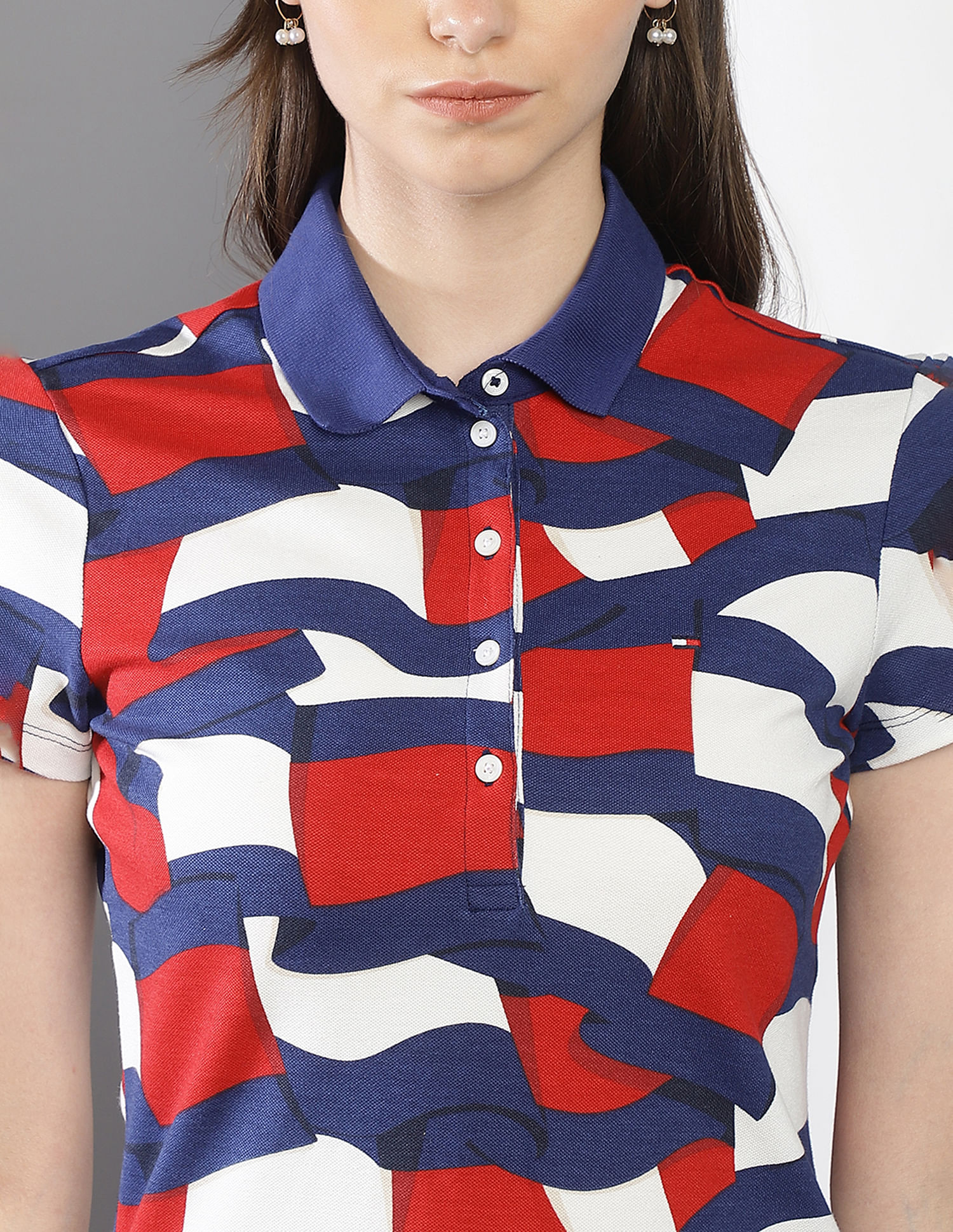 Tommy Hilfiger Women Blue Abstract Print Slim Fit Polo Shirt