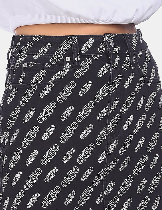 Calvin Klein Women Black Brand Print Denim Mini Skirt