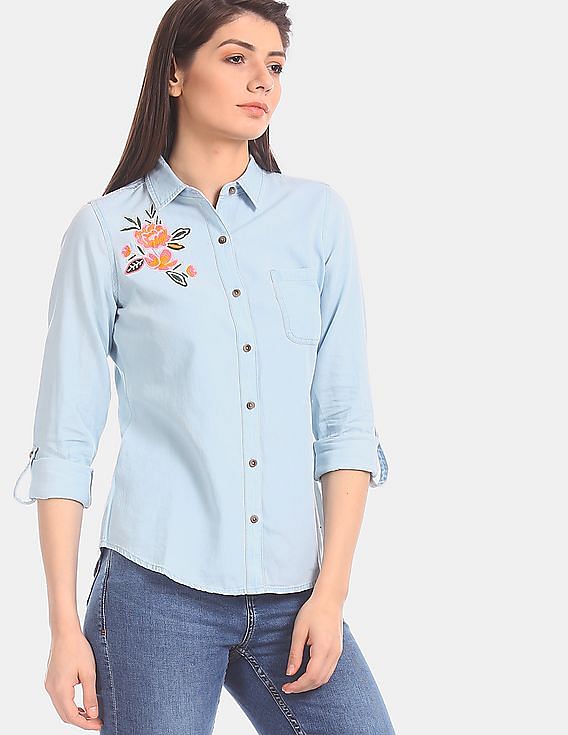 U.S. Polo Assn. Women Roll Up Sleeve Spread Collar Embroidered Shirt
