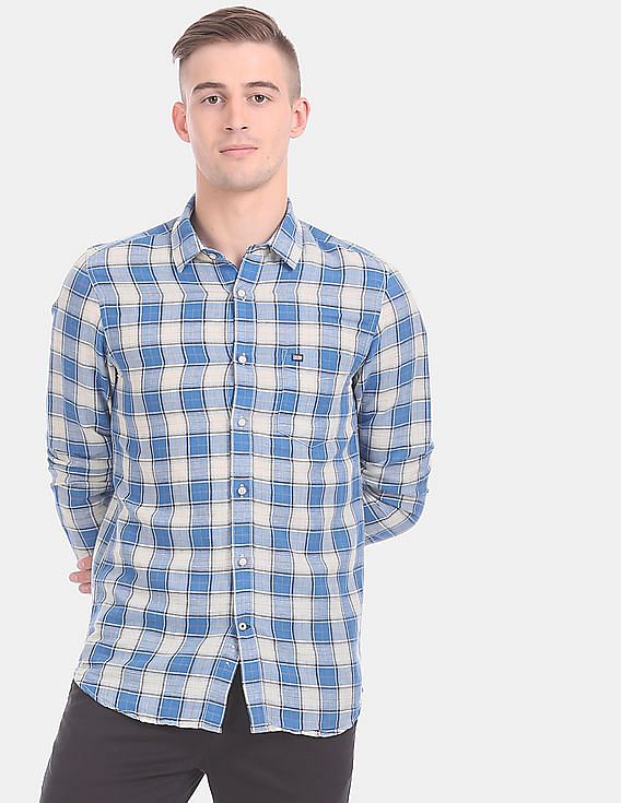 Buy Arrow Sports Men Blue And White Long Sleeve Check Cotton Linen Casual  Shirt - NNNOW.com