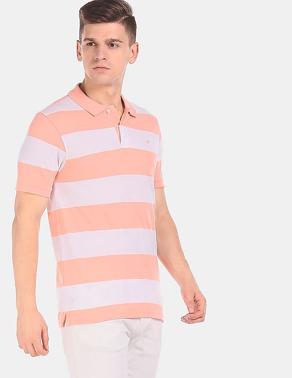 pink and white striped polo shirt