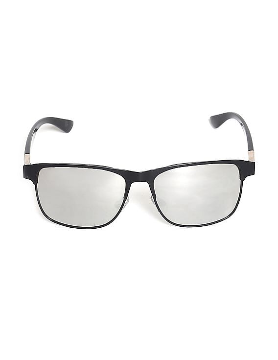 Black Mirror Lens Oversized Square Diamante Trim Sunglasses