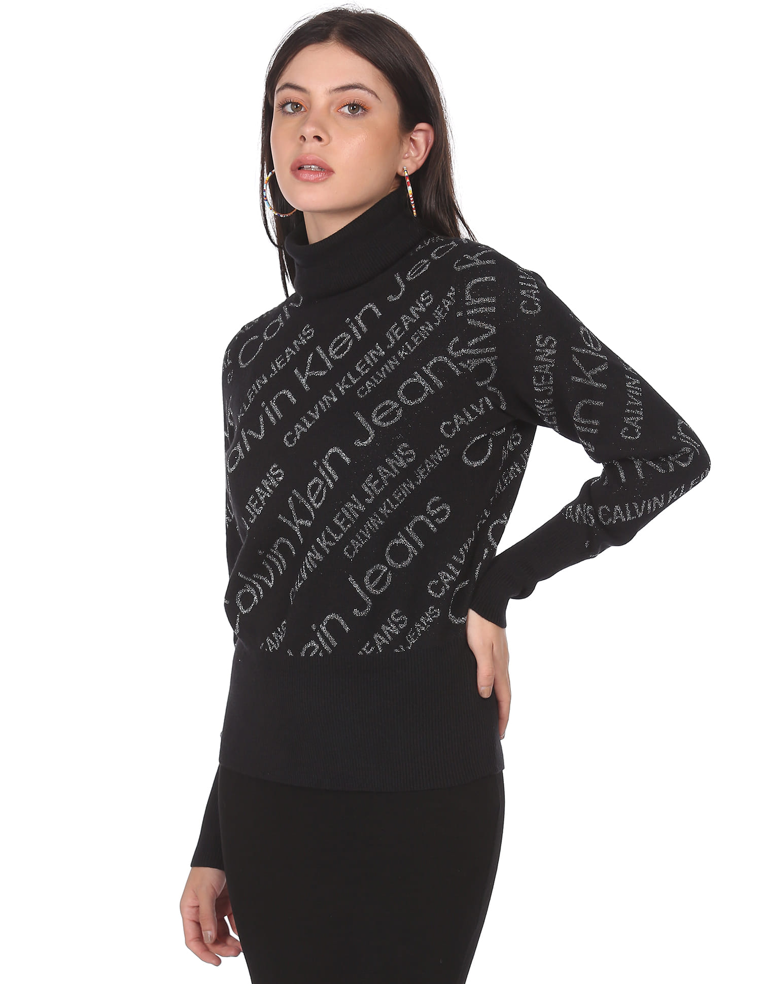 Buy Calvin Klein Jeans Women Black Turtle Neck All Over Glitter