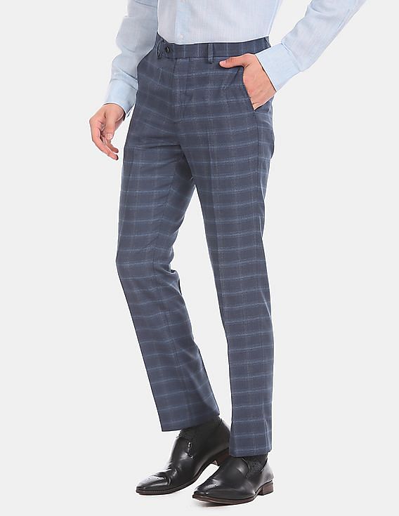 Sojanya Since 1958 Mens Cotton Blend Royal Blue  Blue Checked Formal  Trousers