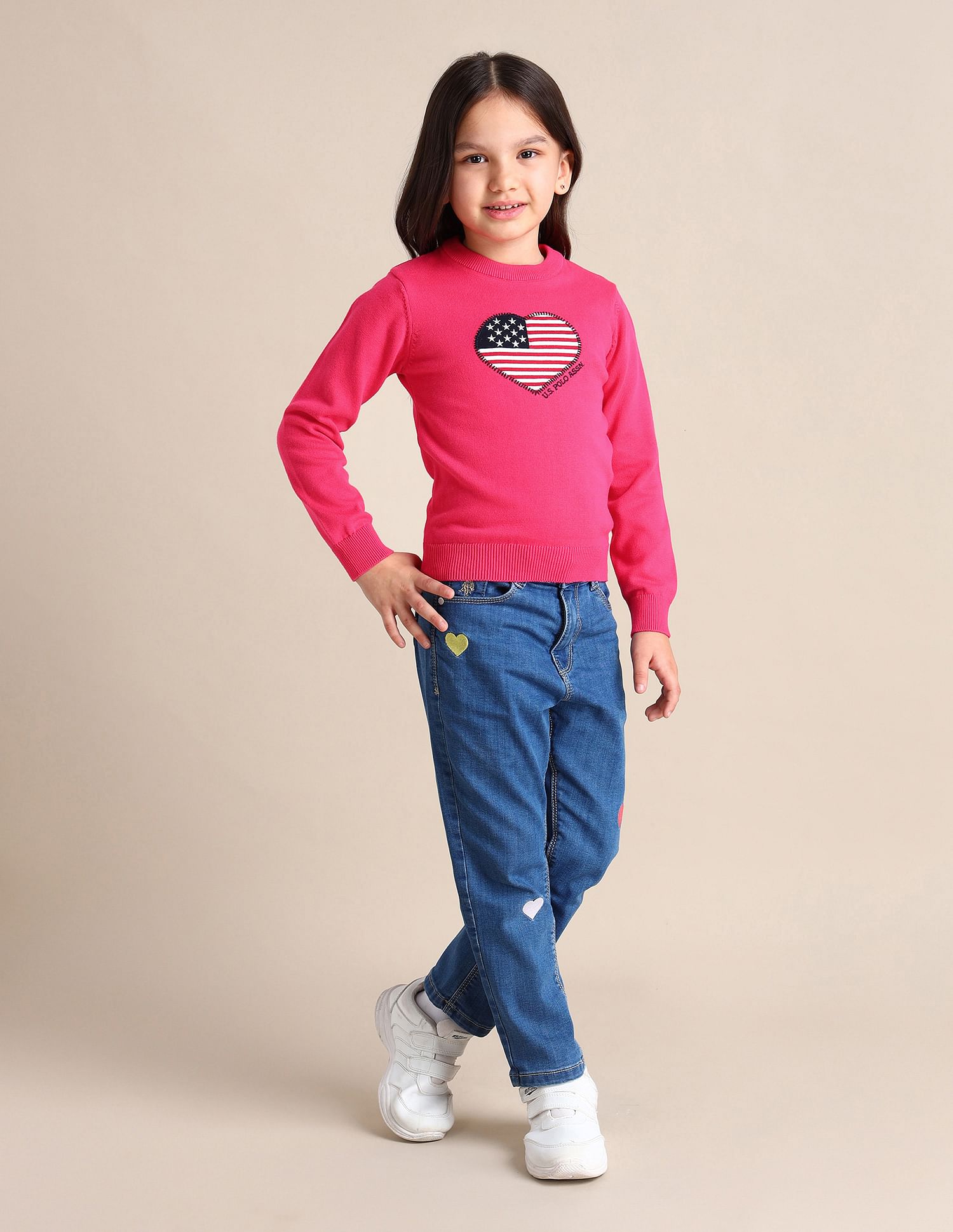 U.S. Polo Assn. Kids Girls Regular Fit Graphic Printed Sweater