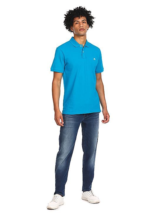 Aeropostale Men Turquoise Cotton Appliqued Logo Polo Shirt
