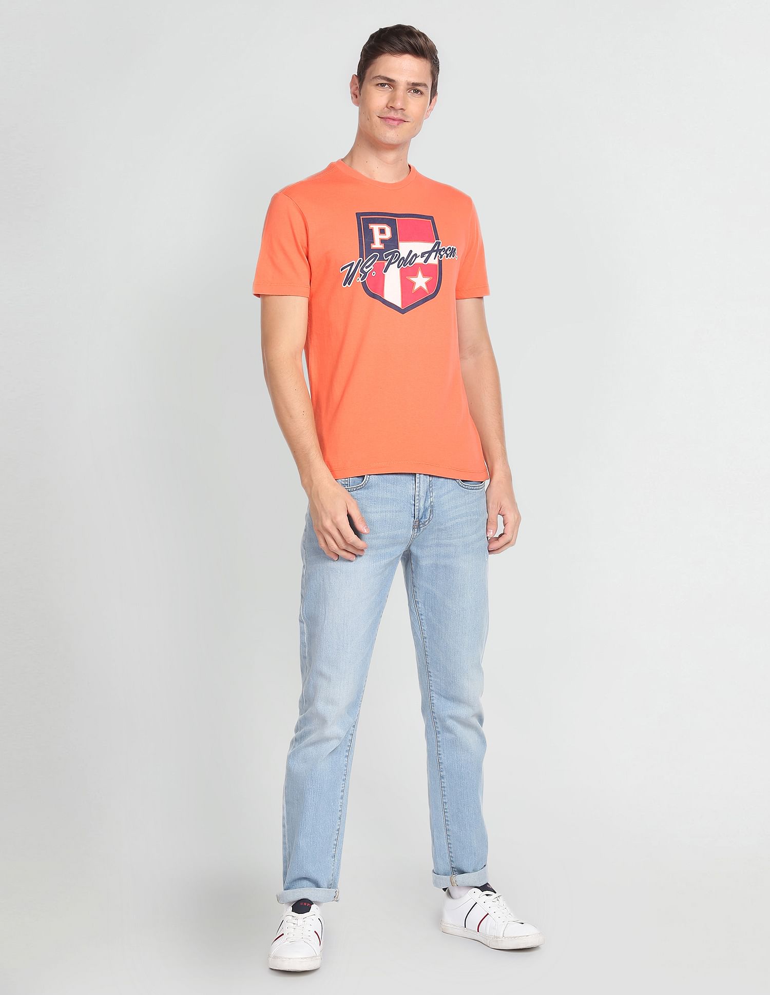 U.S. Polo Assn. Men Peach Brand Printed Cotton T-Shirt