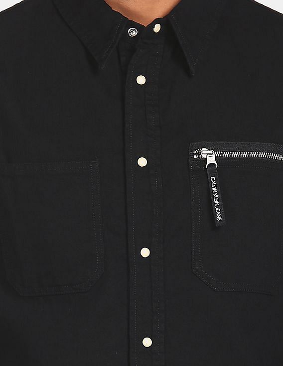 Calvin Klein Men Black Utility Zip Pocket Solid Casual Shirt