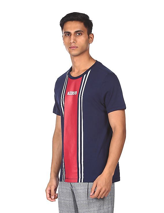 Aeropostale Men Navy Crew Neck Striped T-Shirt