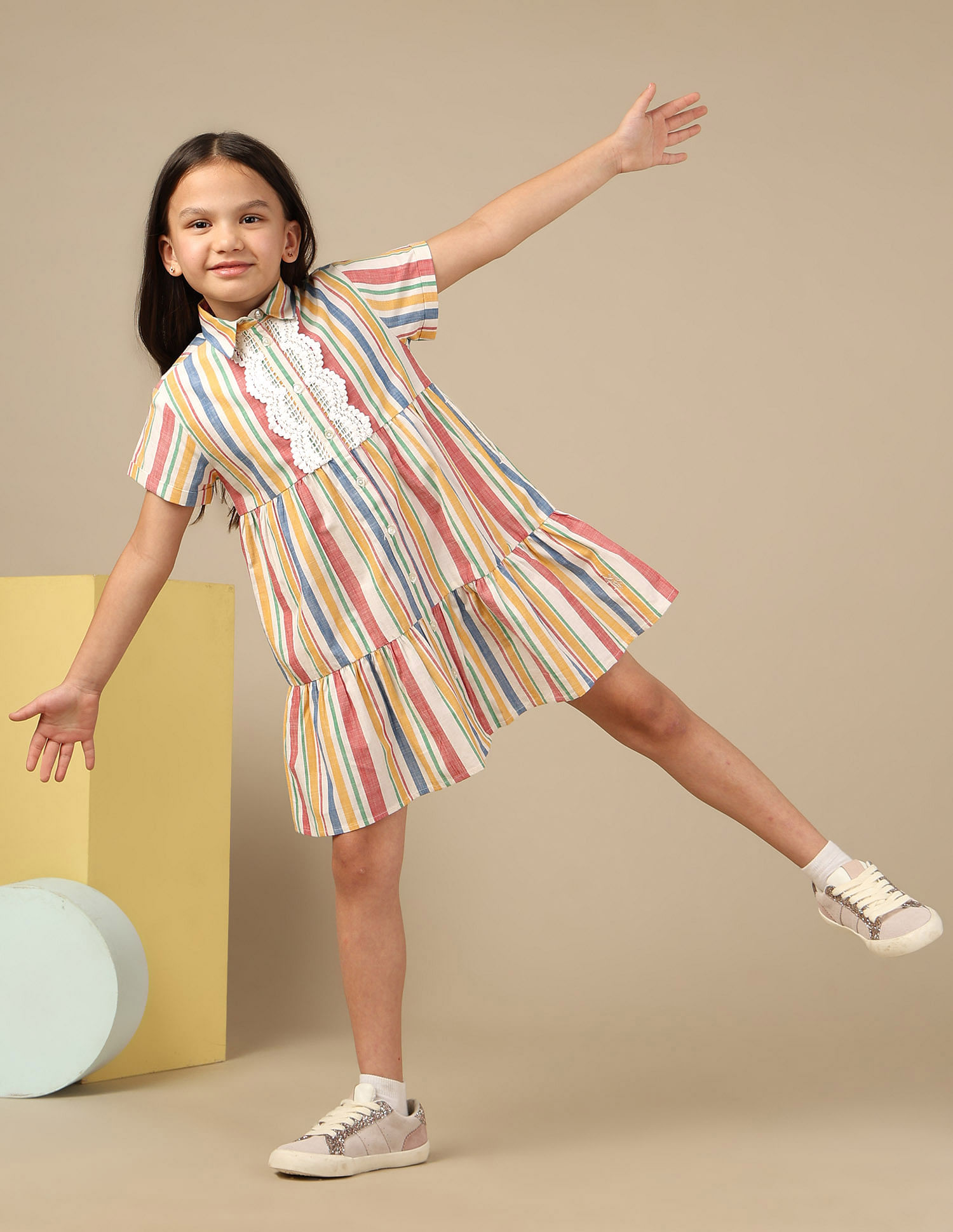 U.S. Polo Assn. Kids Girls Vertical Striped Lace A-Line Dress