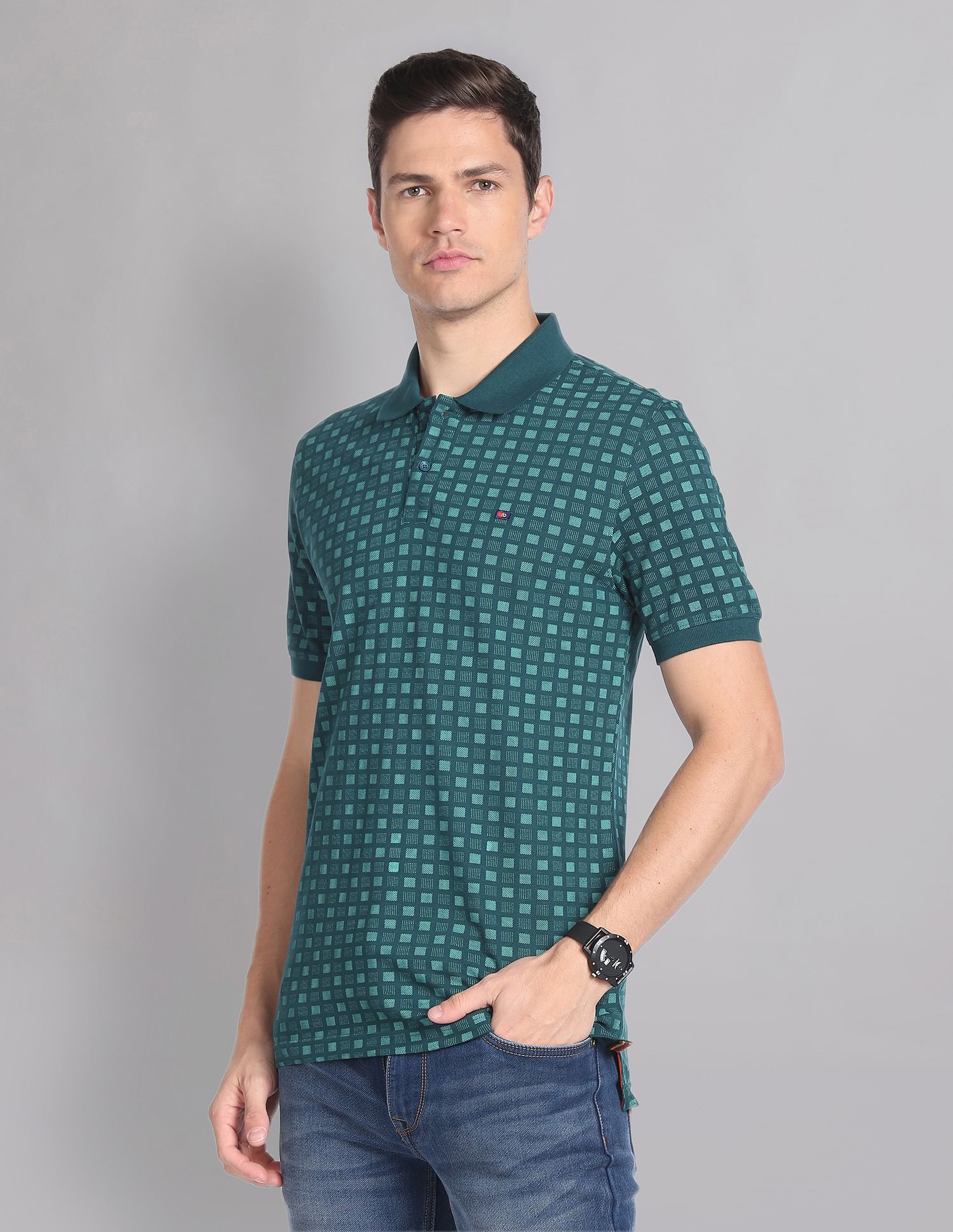 AD by Arvind Geometric Print Cotton Polo Shirt