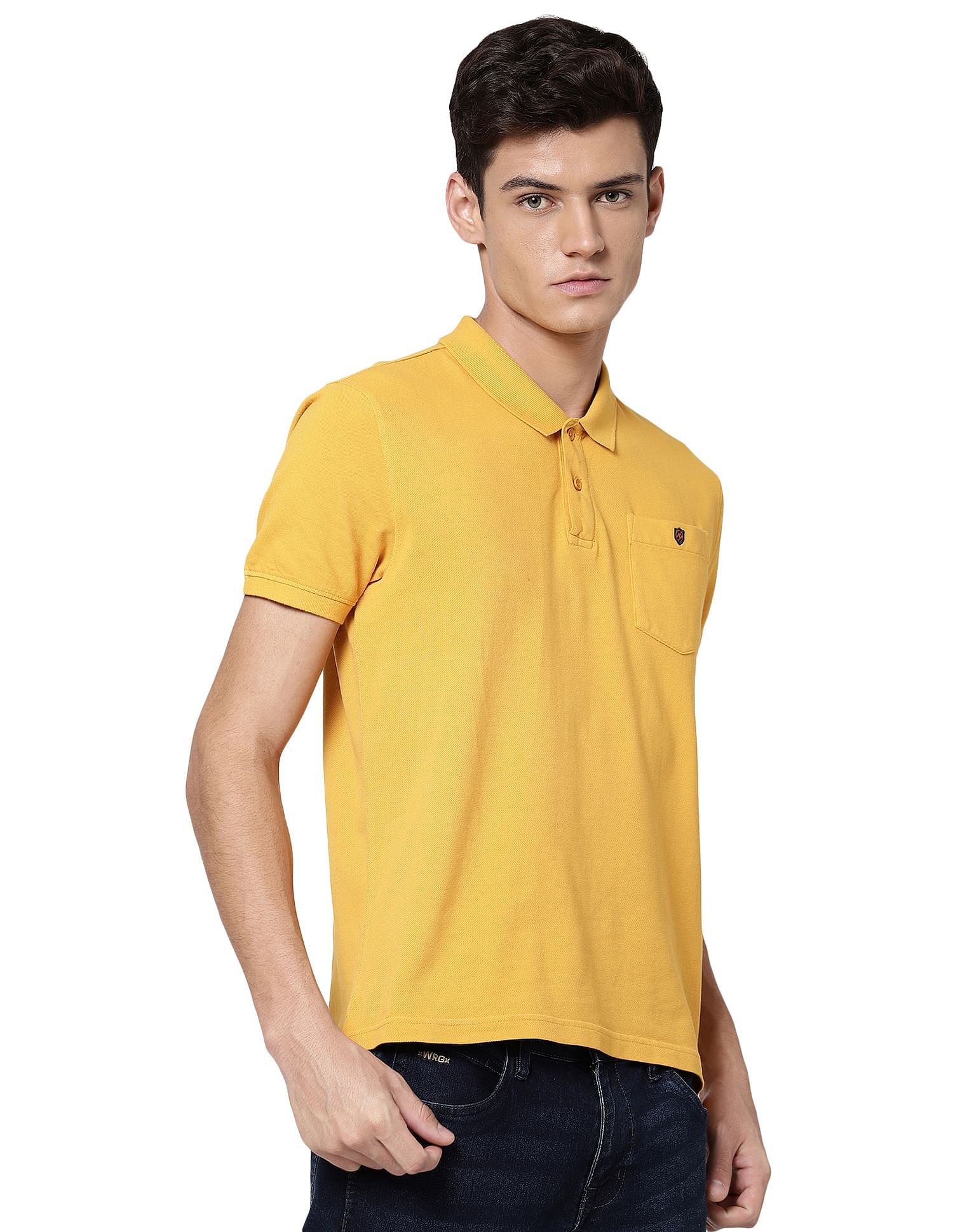 Buy AD by Arvind Men Navy And Yellow Cotton Colour Block Logo Polo Shirt -  NNNOW.com