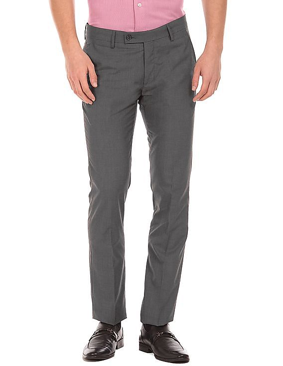 Raymond Grey Slim Fit Check Flat Front Trousers