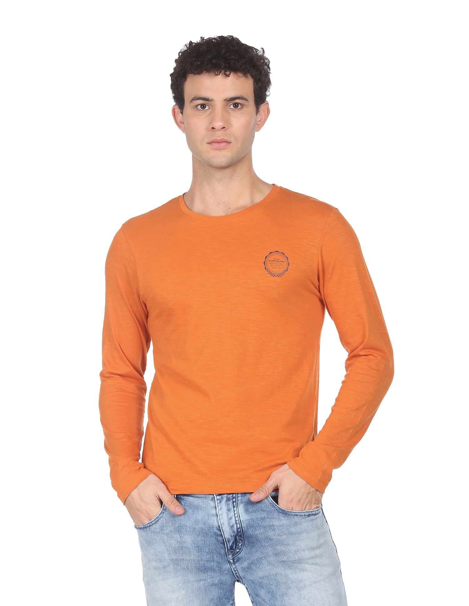 Flying Machine Long Sleeve Cotton Heathered T-Shirt