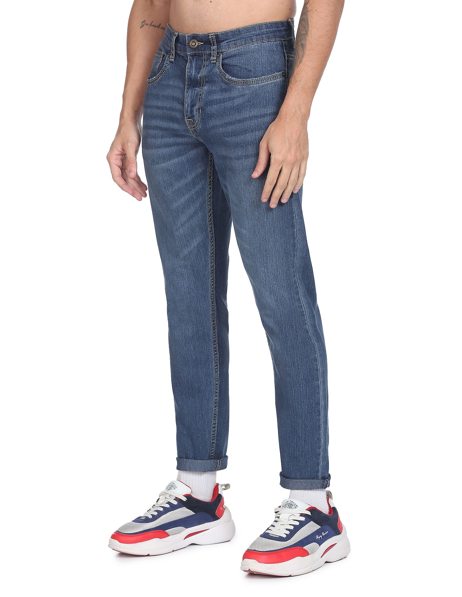 Flying Machine Stone Wash Slash Slim Tapered Fit Jeans