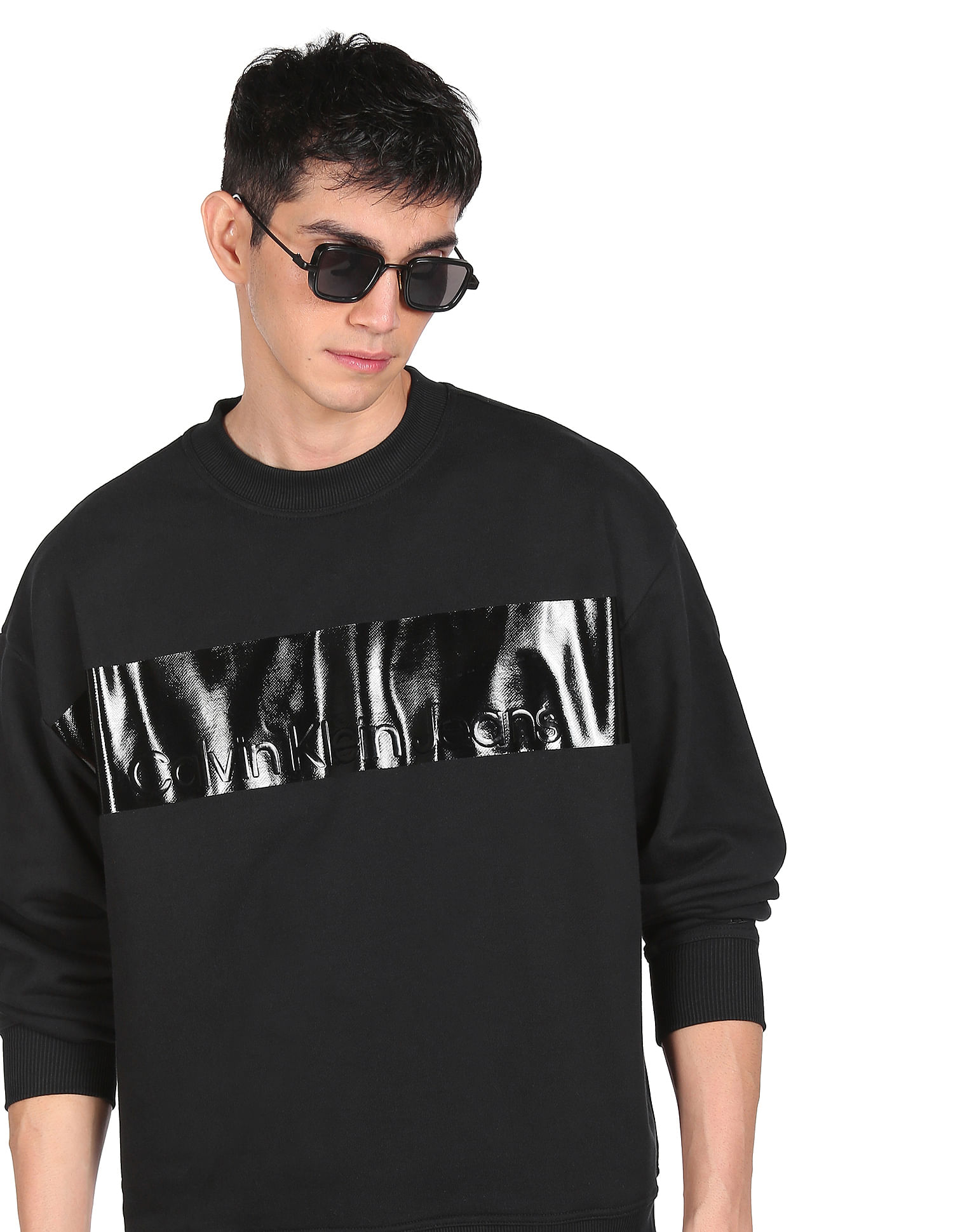 Buy Calvin Klein Jeans Men Institutional Sweatshirt Shiny Blocking Neck Black Crew