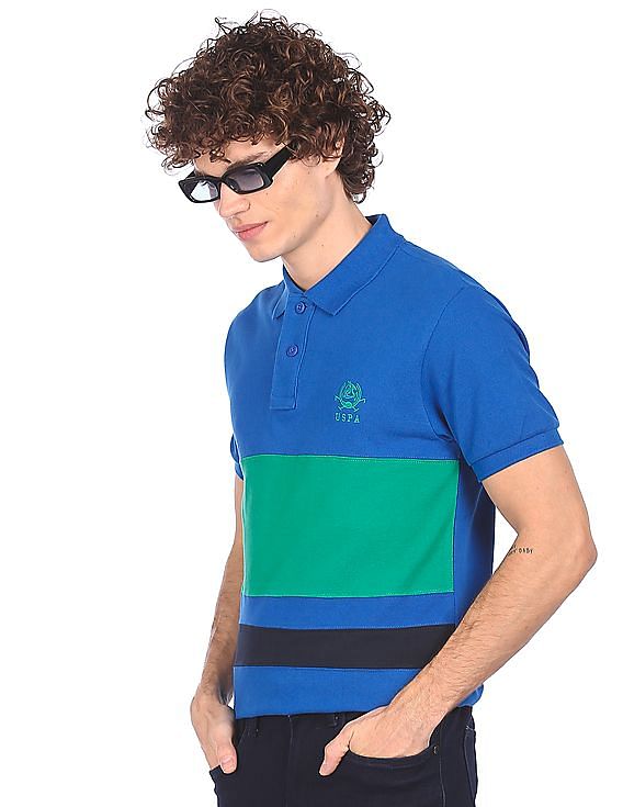 Buy . Polo Assn. Men Blue and Green Pique Printed Polo Shirt 