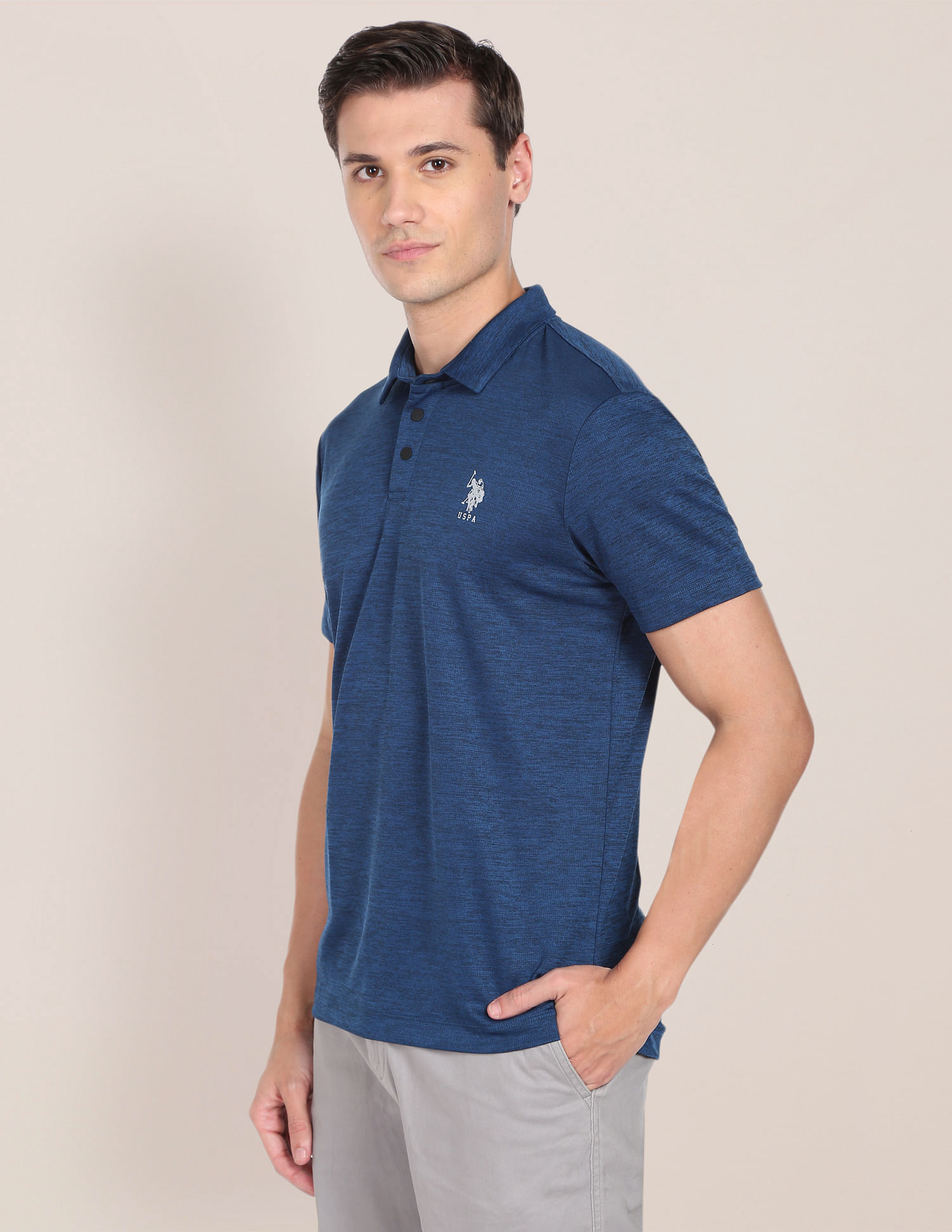 USPA Active Men Blue Heathered Polyester Polo Shirt