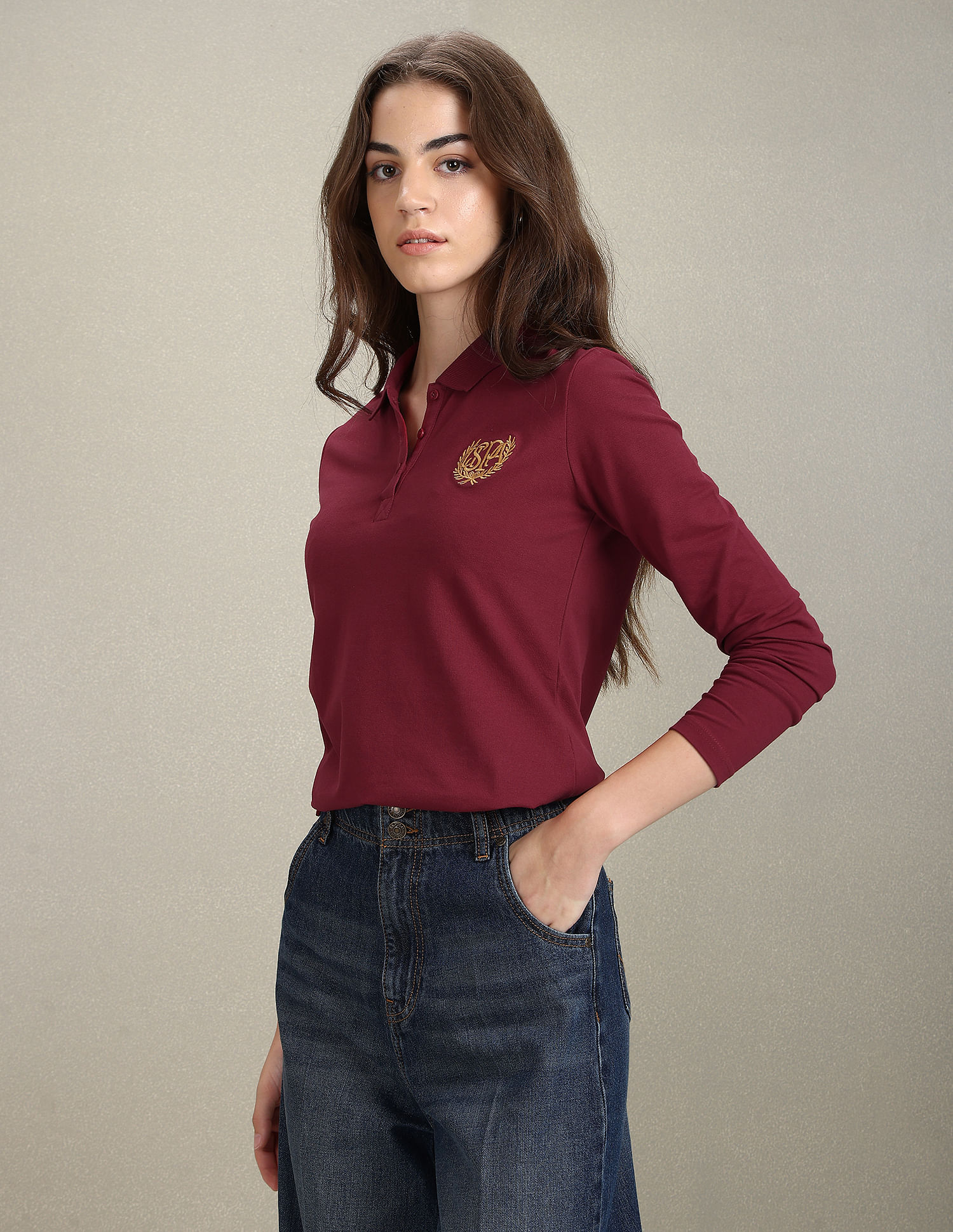 Women Long Sleeves Cashmere Polo Shirt Avoine