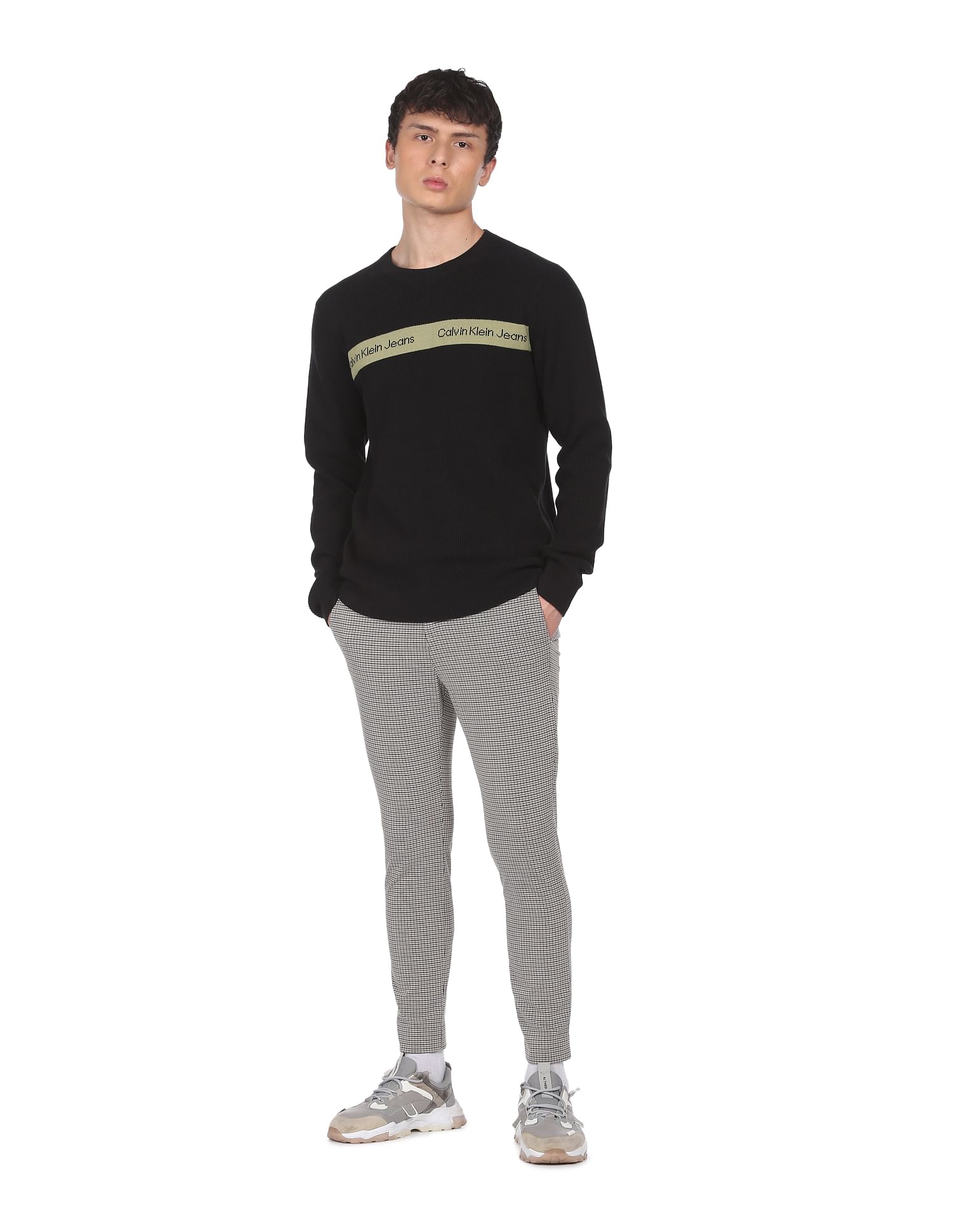 Calvin Klein Men Black Brand Stripe Textured Sweater