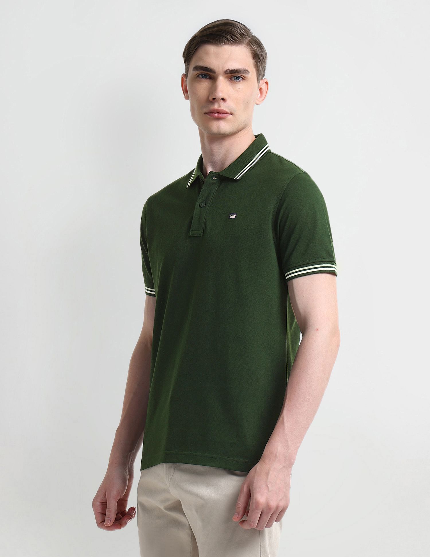 Arrow Sport Striped Collar Solid Polo Shirt