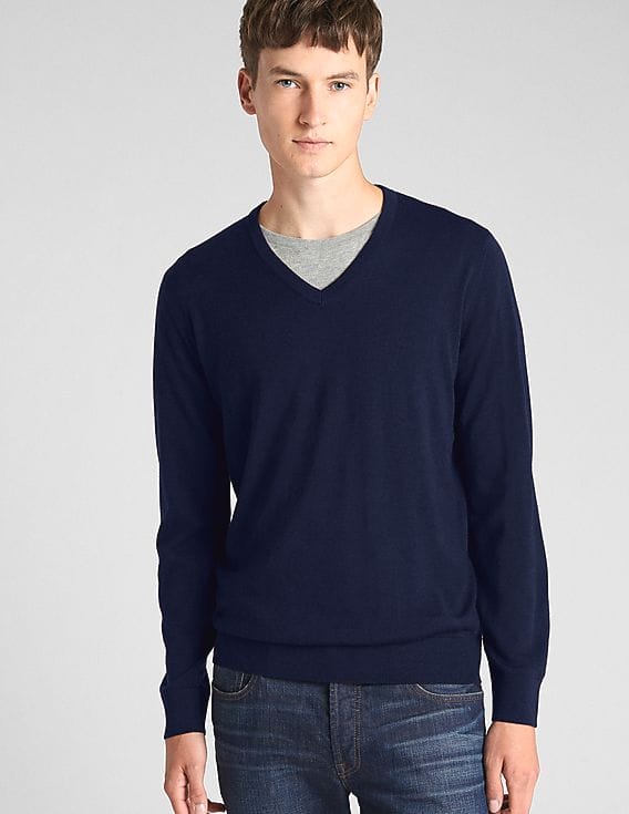 Buy GAP Men Men Blue V-Neck Pullover Sweater In Merino Wool