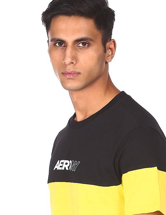 Aeropostale Men Black And Yellow Cotton Colour Block T-Shirt