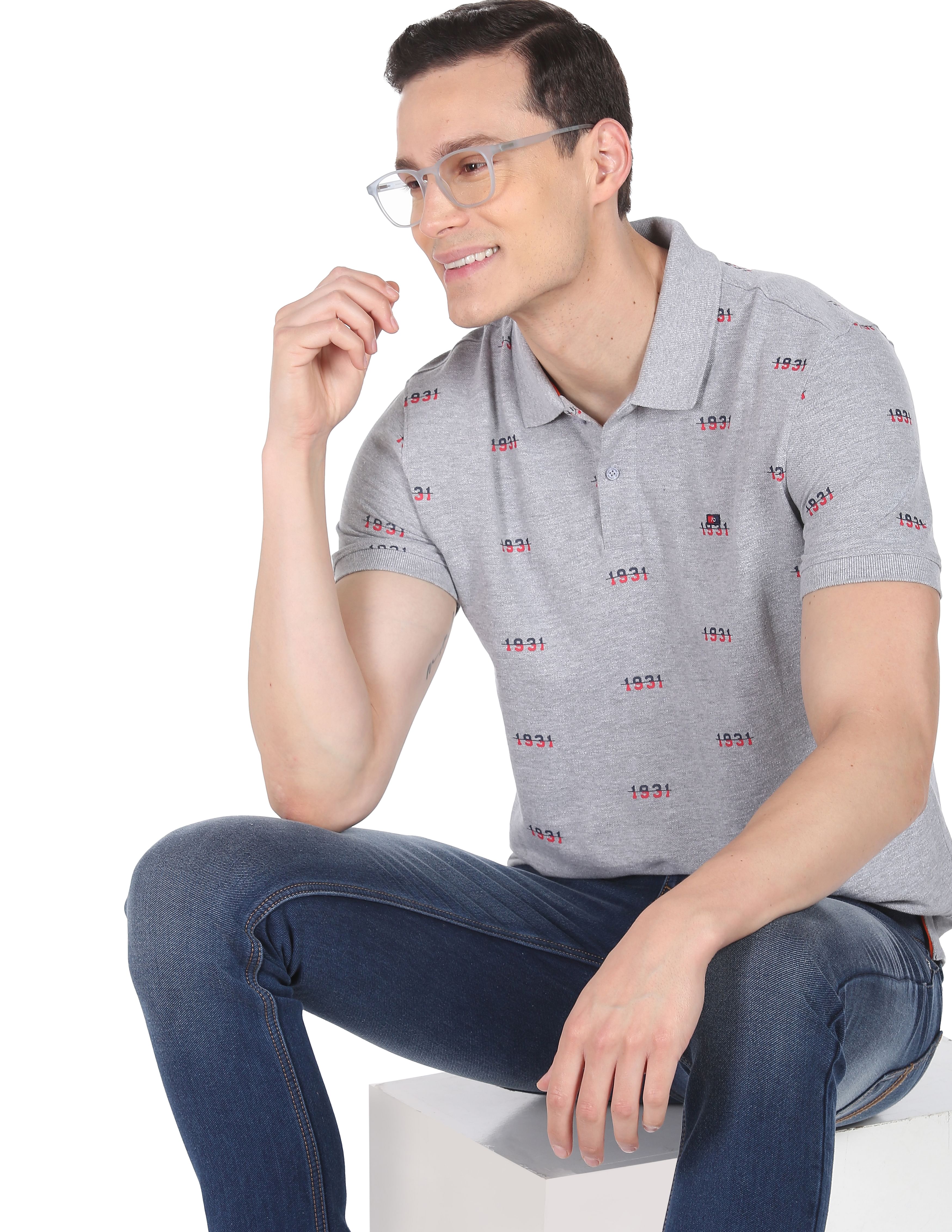 AD by Arvind Heathered Typography Print Cotton Polo Shirt