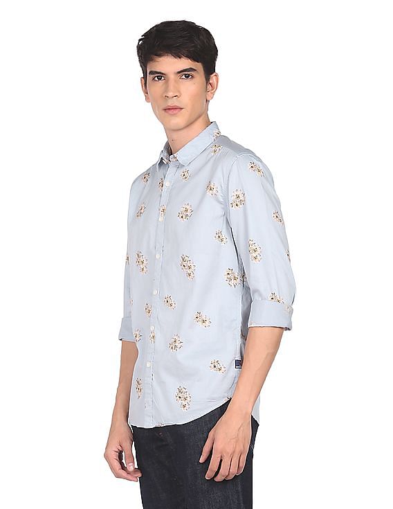 Flying Machine Spread Collar Floral Print Satin Shirt