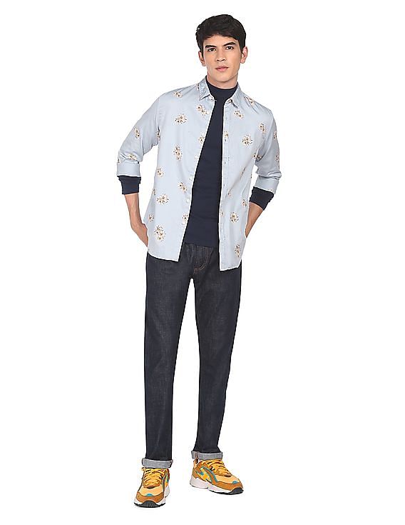 Flying Machine Spread Collar Floral Print Satin Shirt