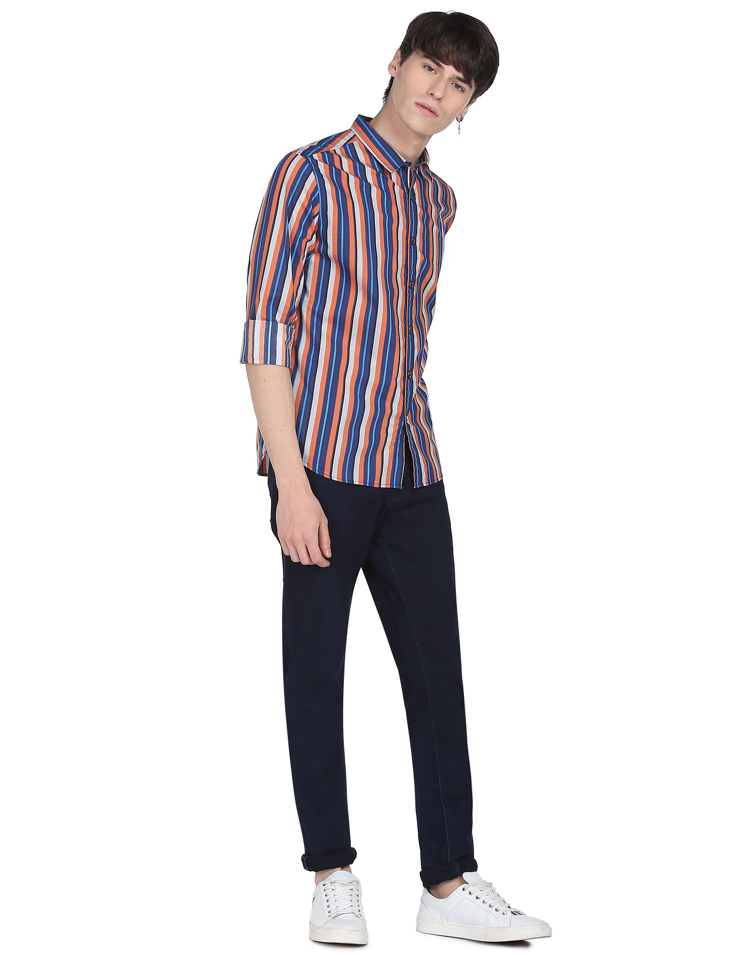 red and blue vertical striped shirt