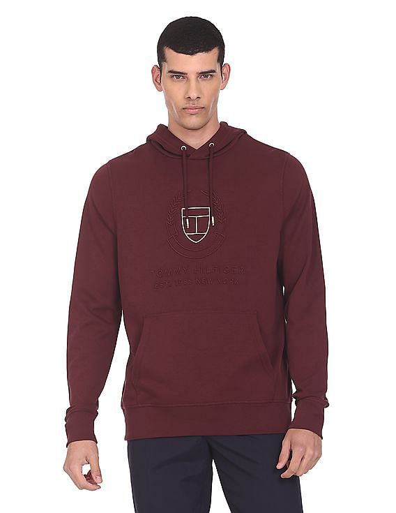 Tommy Hilfiger Men Maroon Tonal Embroidered Crest Sweatshirt