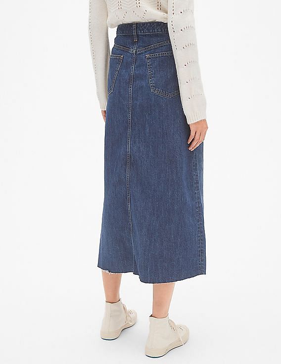gap high rise denim midi skirt