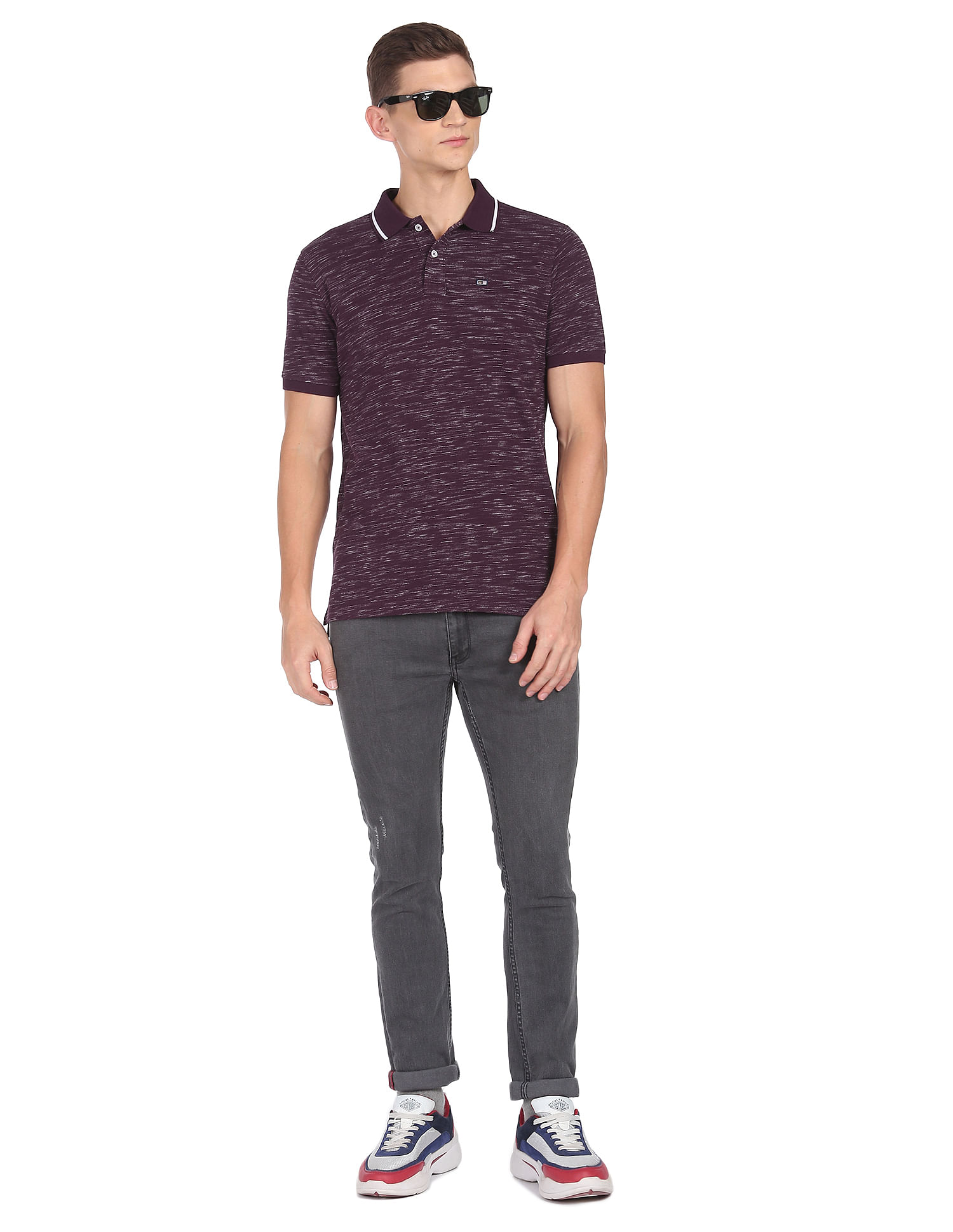 Arrow Sports Striped Collar Heathered Cotton Polo Shirt