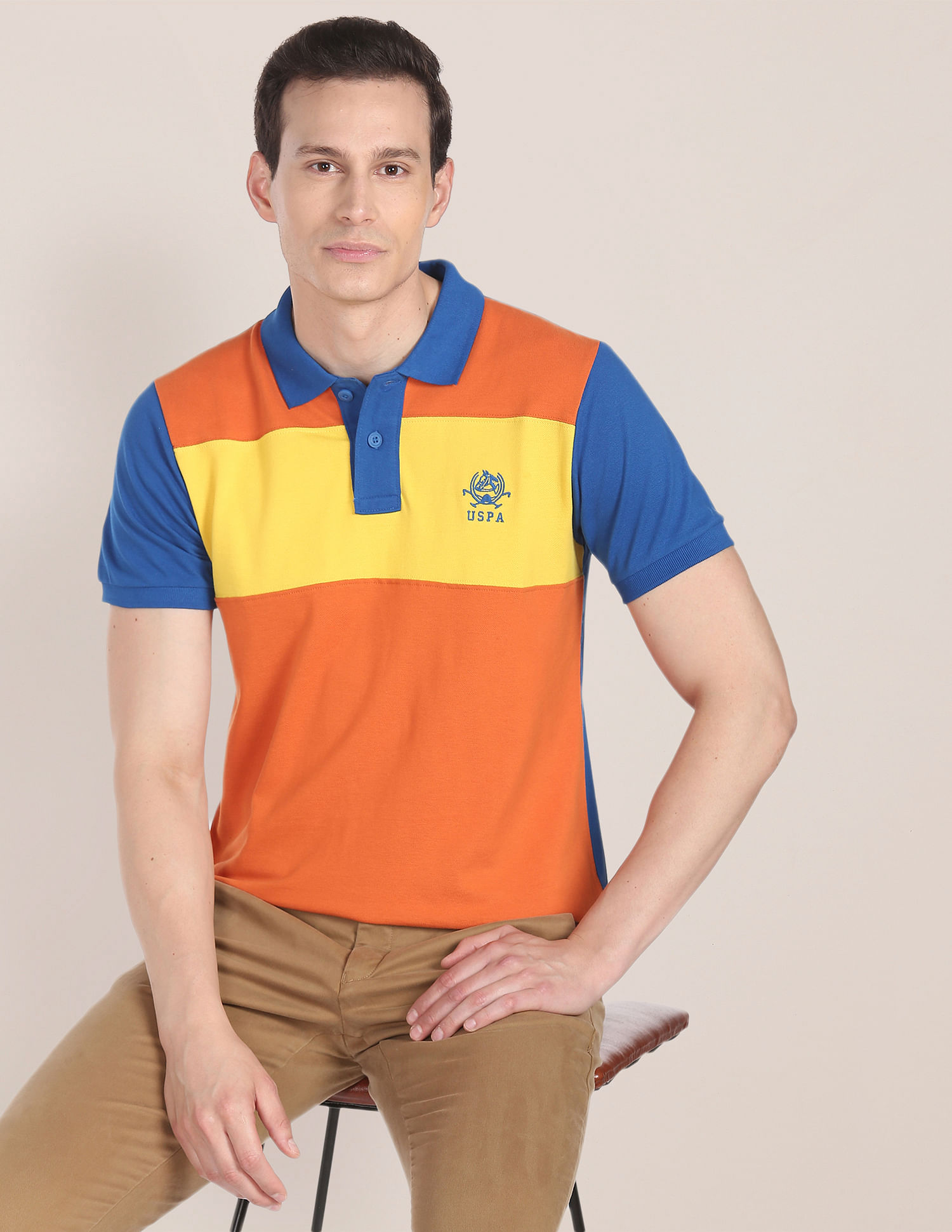 U.S. Polo Assn. Colour Block Cotton Polo Shirt, Orange (M)