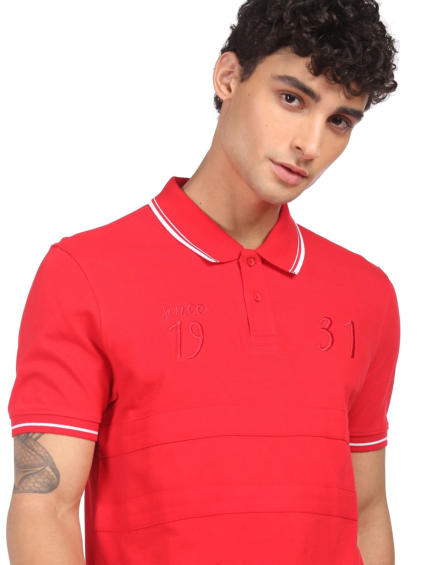AD by Arvind Cotton Panelled Solid Polo Shirt